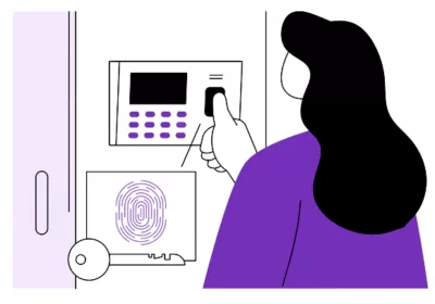 Ilustração de cliente a usar código de acesso pessoal para aceder à sua box de self storage no Porto, com acessibilidade total 24h por dia.